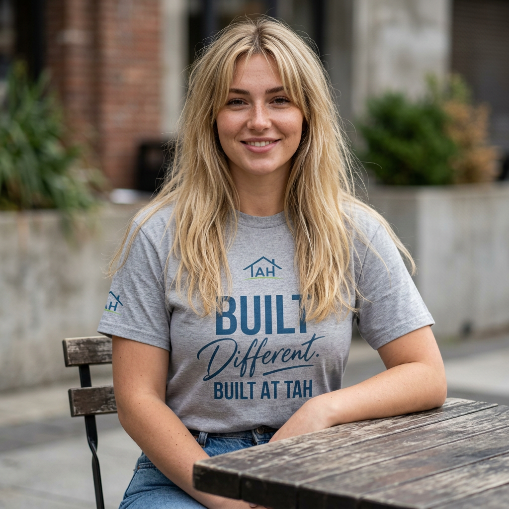 Built Different | Built At TAH  T-Shirt | Built at TAH, QR Code Back