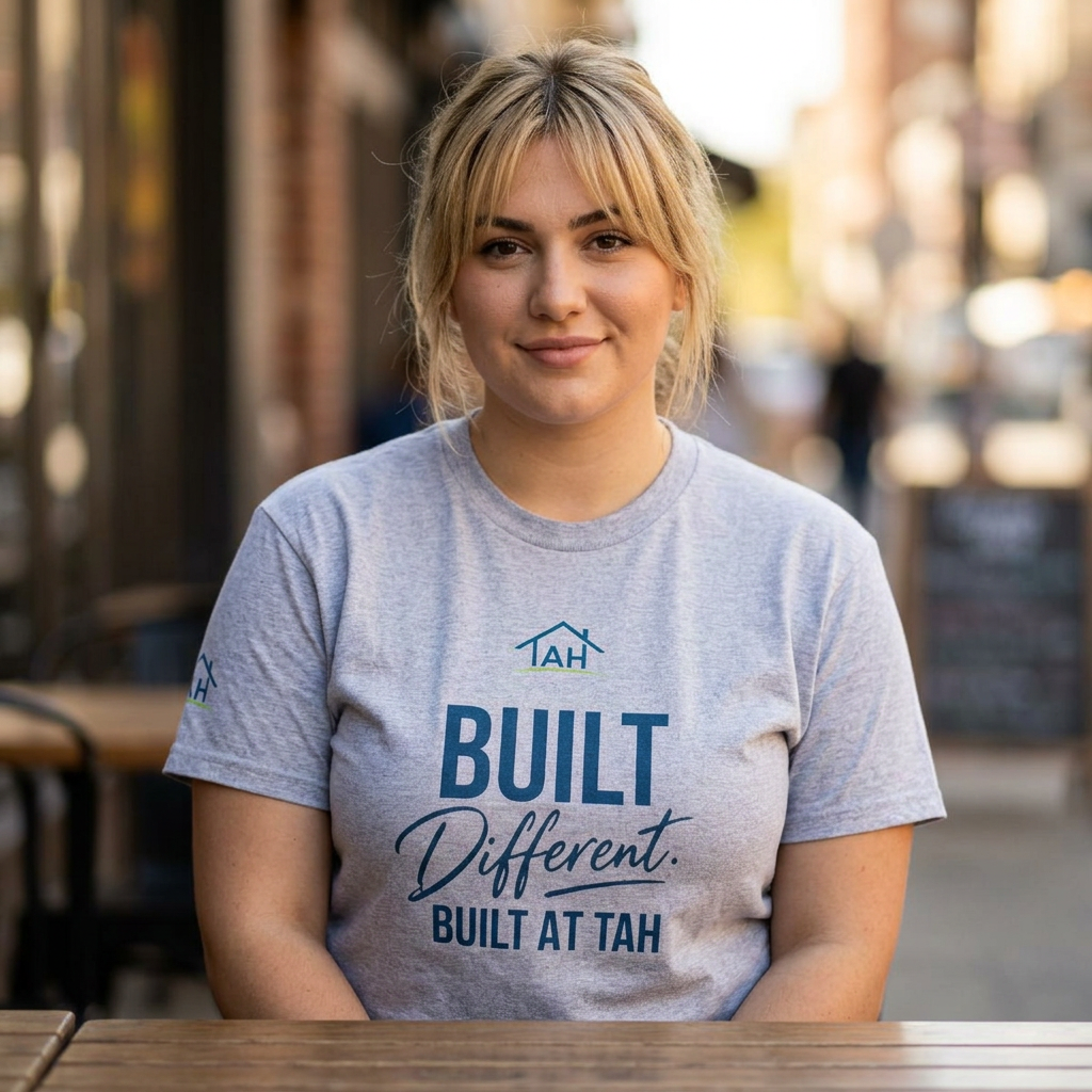 Built Different | Built At TAH  T-Shirt | Built at TAH, QR Code Back